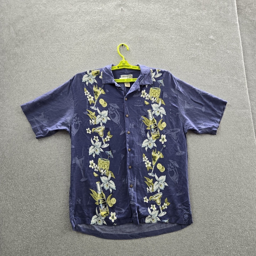 Big Dogs Men Button Up Shirt MEDIUM Blue Floral Dog Drinks Hawaiian Shirt